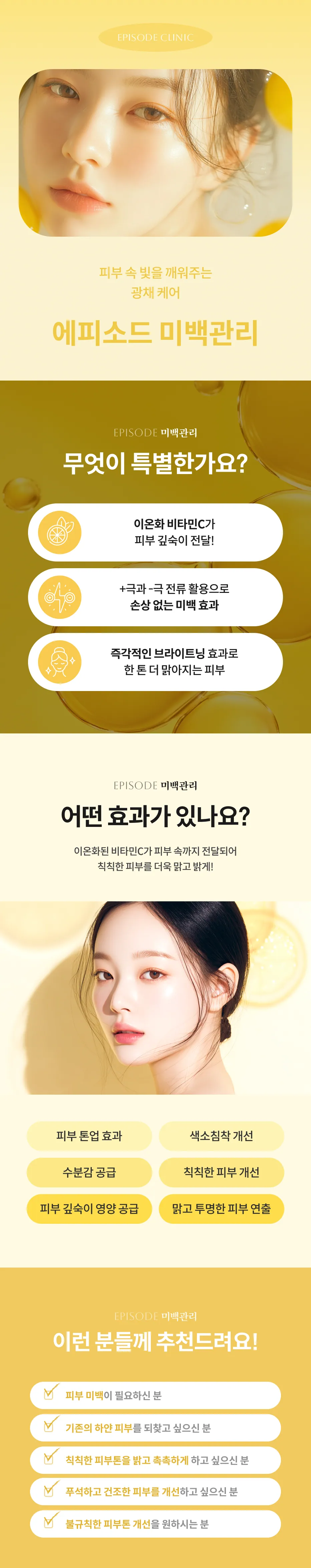 미백관리 상세 안내: 피부 속 빛을 깨워주는 광채 케어, 특징 3가지(이온화 비타민C, 전류 활용, 브라이트닝), 적용 항목(피부 톤, 색소침착, 수분, 영양), 대상 안내