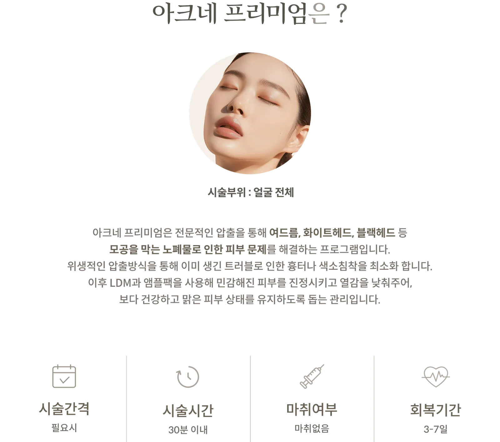 아크네프리미엄 시술 정보 패널: 시술부위 얼굴 전체, 전문 압출 후 LDM과 앰플팩 관리, 시술간격 필요시, 시술시간 30분 이내, 마취 없음, 회복기간 3~7일