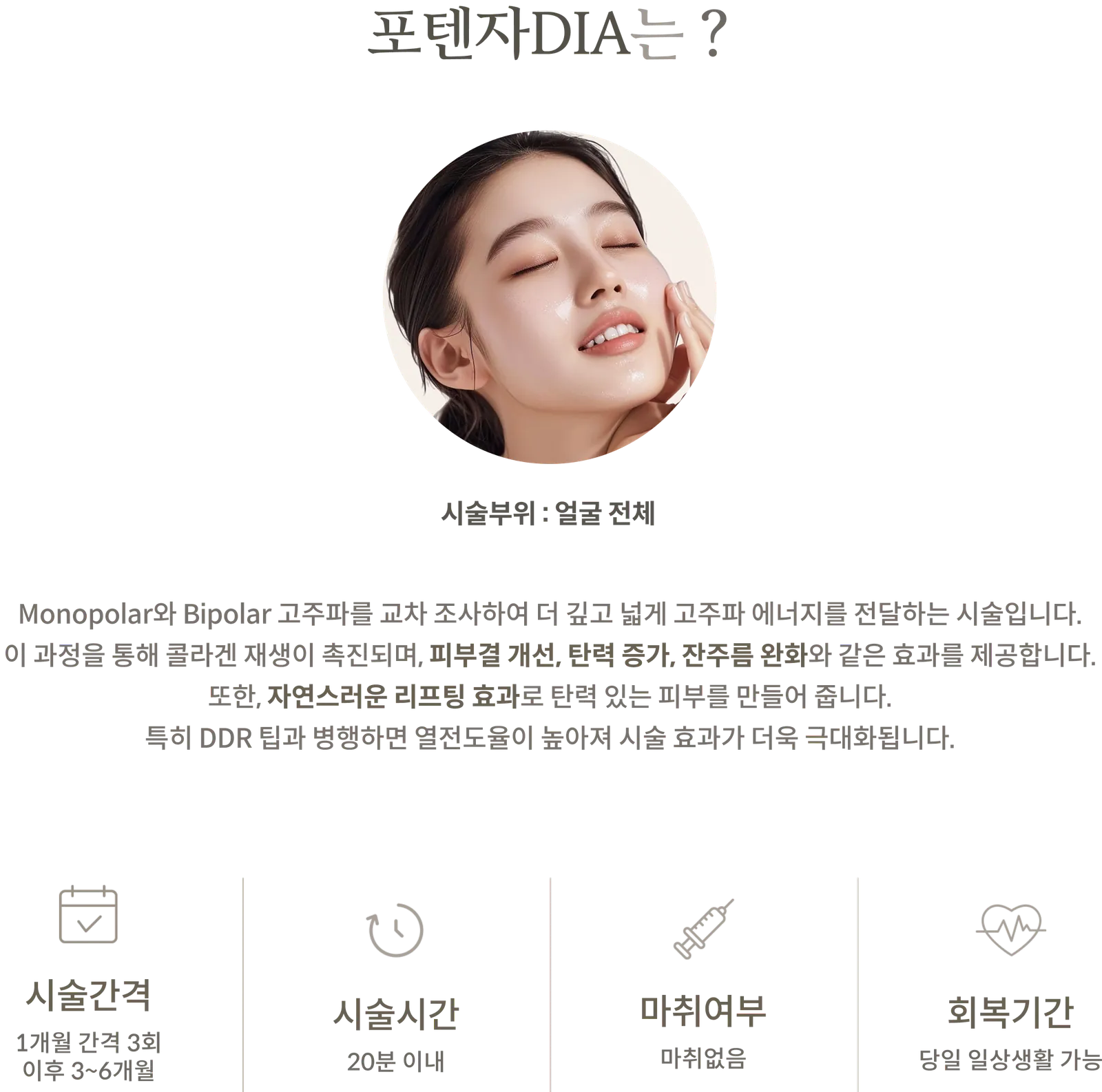 포텐자DIA 시술 정보 패널: 시술부위 얼굴 전체, 모노폴라와 바이폴라 고주파 교차 조사, 시술간격 1개월 간격 3회 이후 3~6개월, 시술시간 20분 이내, 마취 없음, 당일 일상생활 가능