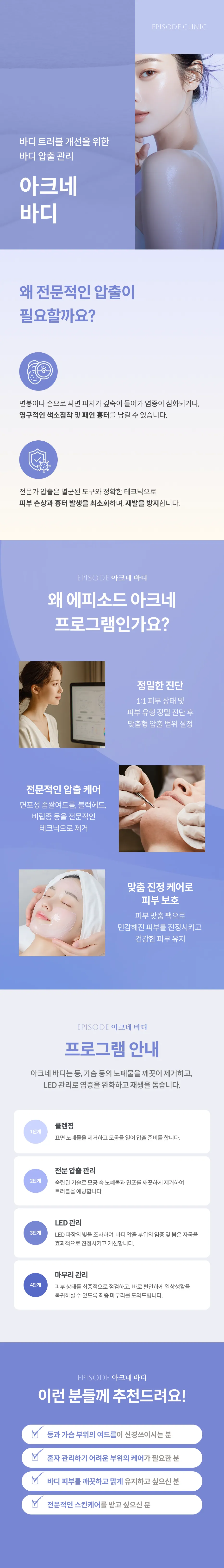 아크네바디 상세 안내: 바디 트러블을 위한 바디 압출 관리, 전문 압출이 필요한 이유, 정밀 진단과 압출 케어, 프로그램 4단계(클렌징, 전문 압출 관리, LED 관리, 마무리 관리), 대상 안내