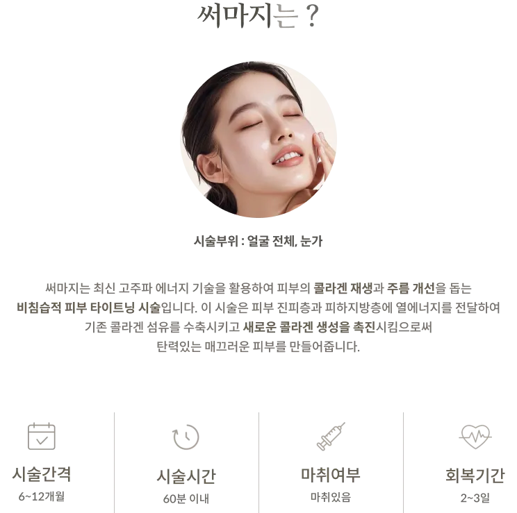 써마지 시술 정보 패널: 시술부위 얼굴 전체, 눈가, 비침습 피부 타이트닝 설명, 시술간격 6~12개월, 시술시간 60분 이내, 마취 있음, 회복기간 2~3일