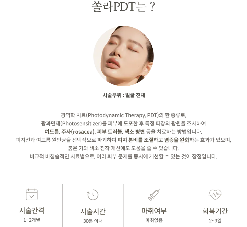 쏠라PDT 시술 정보 패널: 시술부위 얼굴 전체, 광과민제 도포 후 광원을 조사하는 광역학 치료 설명, 시술간격 1~2개월, 시술시간 30분 이내, 마취없음, 회복기간 2~3일
