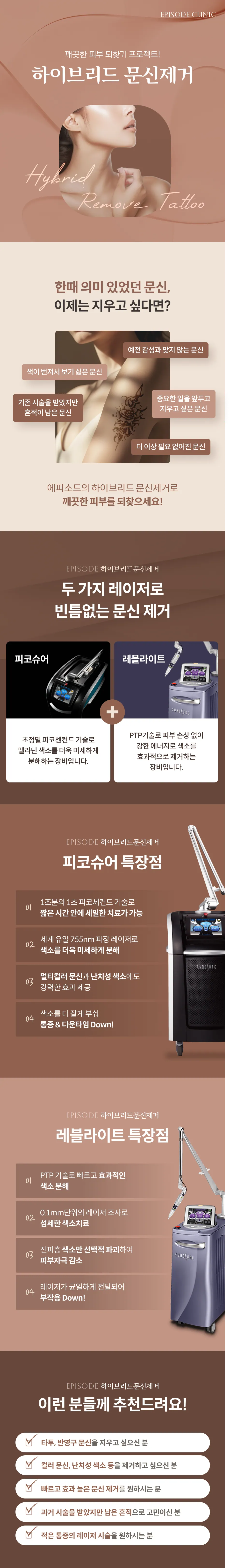 하이브리드 문신제거 상세 안내: 두 가지 레이저(피코슈어, 레블라이트)로 문신 제거, 피코슈어 특장점 4가지, 레블라이트 특장점 4가지, 대상 안내