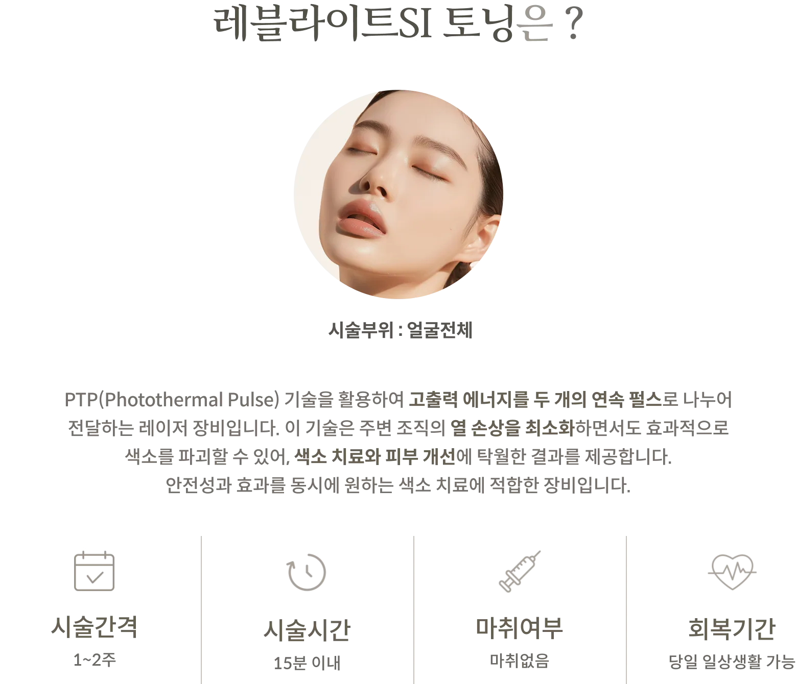 레블라이트SI 토닝 시술 정보 패널: 시술부위 얼굴전체, 고출력 에너지를 두 연속 펄스로 나누는 PTP 기술 설명, 시술간격 1~2주, 시술시간 15분 이내, 마취없음, 회복기간 당일 일상생활 가능