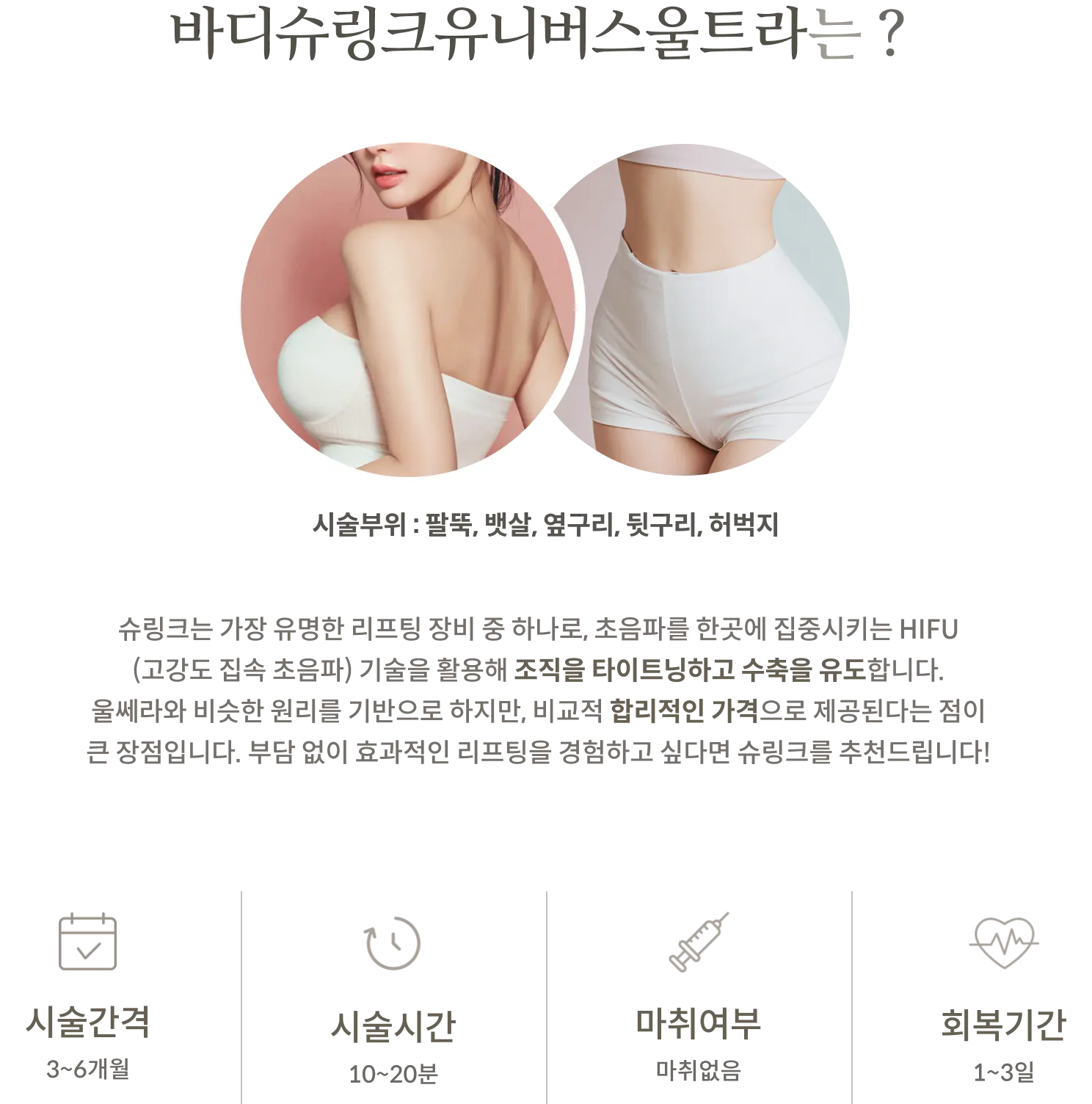 바디슈링크유니버스울트라 시술 정보 패널: 시술부위 팔뚝, 뱃살, 옆구리, 뒷구리, 허벅지, HIFU 고강도 집속 초음파, 시술간격 3~6개월, 시술시간 10~20분, 마취 없음, 회복기간 1~3일