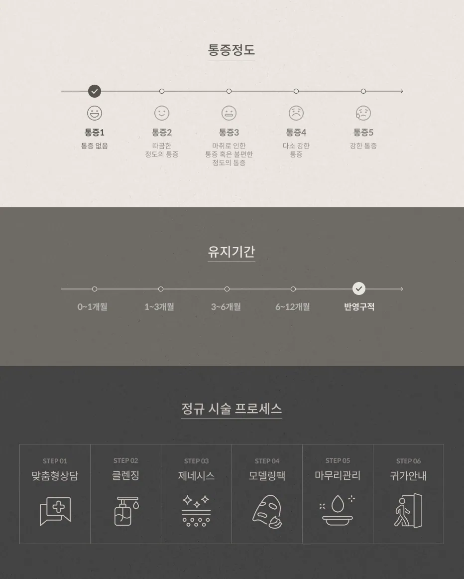 제네시스토닝 통증 정도 1단계(통증 없음), 유지기간 반영구적, 정규 시술 프로세스 6단계: 맞춤형상담, 클렌징, 제네시스, 모델링팩, 마무리관리, 귀가안내