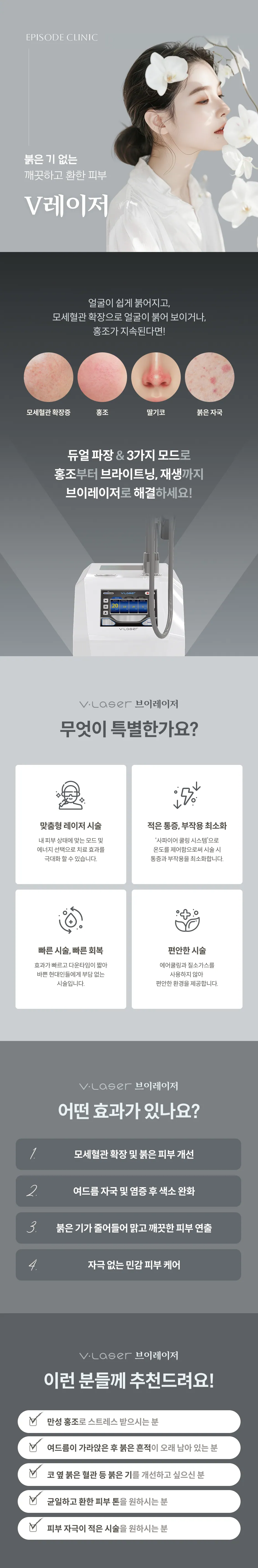 V-Laser 브이레이저 상세 안내: 적용(모세혈관 확장증, 홍조, 딸기코, 붉은 자국), 듀얼 파장 3가지 모드, 장비 사진, 특징 4가지, 효과 4가지, 대상 안내 5가지