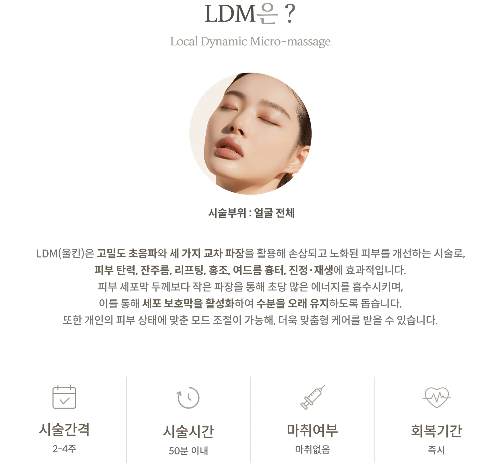 LDM 시술 정보 패널: Local Dynamic Micro-massage, 시술부위 얼굴 전체, 고밀도 초음파와 세 가지 교차 파장, 시술간격 2~4주, 시술시간 50분 이내, 마취 없음, 회복기간 즉시