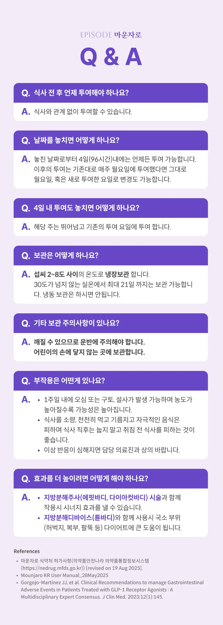 마운자로 Q&A: 투여 시점, 놓친 날짜 대처(4일 이내), 보관(섭씨 2~8도 냉장, 실온 최대 21일), 부작용(오심, 구토, 설사), 참고 문헌
