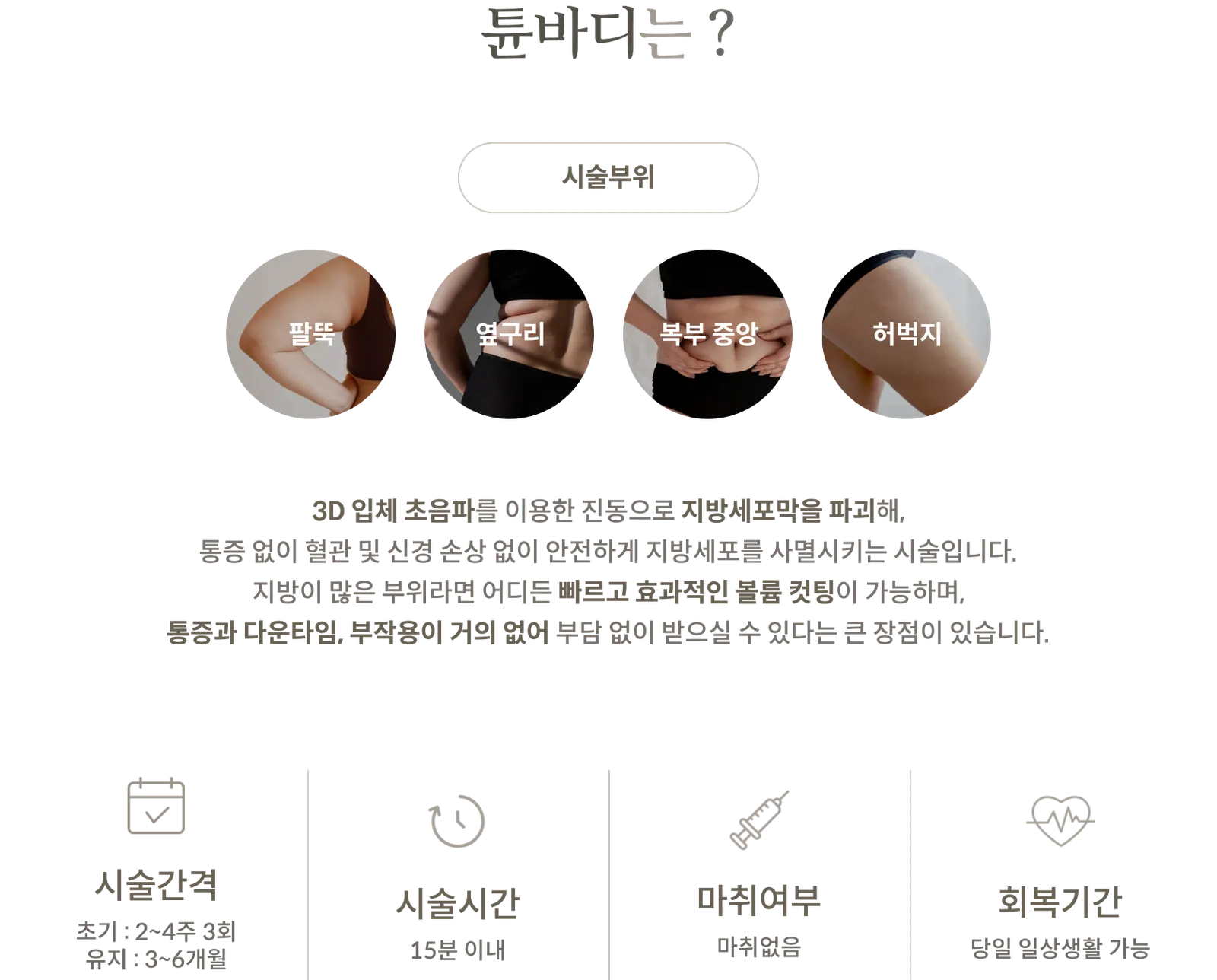튠바디 시술 정보 패널: 시술부위 팔뚝, 옆구리, 복부 중앙, 허벅지, 3D 입체 초음파로 지방세포막 파괴, 시술간격 초기 2~4주 3회, 유지 3~6개월, 시술시간 15분 이내, 마취 없음, 당일 일상생활 가능