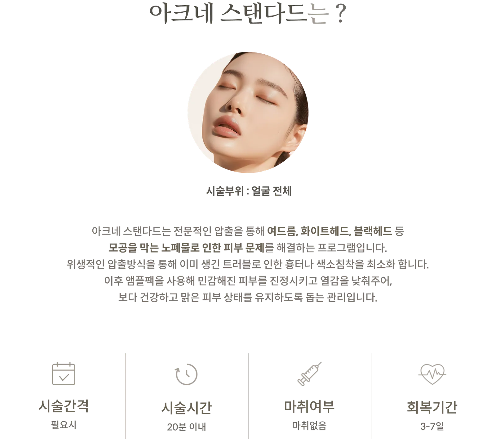 아크네스탠다드 시술 정보 패널: 시술부위 얼굴 전체, 전문 압출 후 앰플팩 관리, 시술간격 필요시, 시술시간 20분 이내, 마취 없음, 회복기간 3~7일