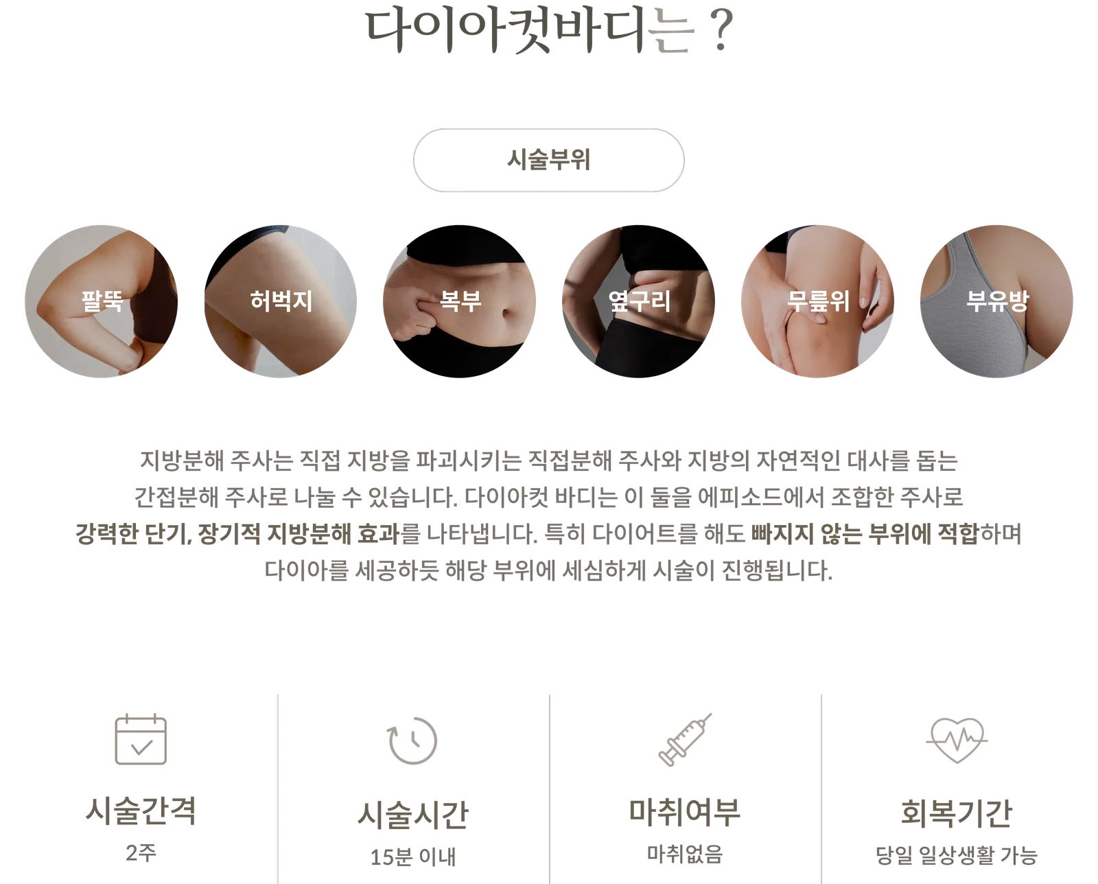 다이아컷바디 시술 정보 패널: 시술부위 팔뚝, 허벅지, 복부, 옆구리, 무릎위, 부유방, 직접분해와 간접분해 주사 조합, 시술간격 2주, 시술시간 15분 이내, 마취 없음, 당일 일상생활 가능