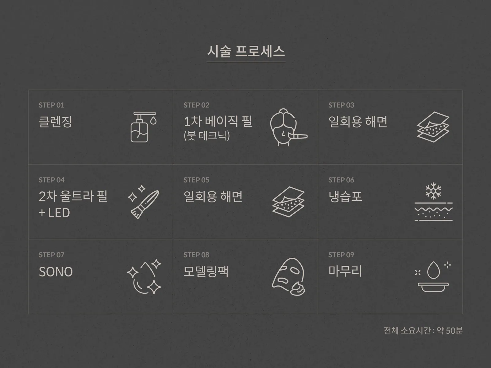 라라필 시술 프로세스 9단계: 클렌징, 1차 베이직 필, 일회용 해면, 2차 울트라 필+LED, 일회용 해면, 냉습포, SONO, 모델링팩, 마무리, 전체 소요시간 약 50분