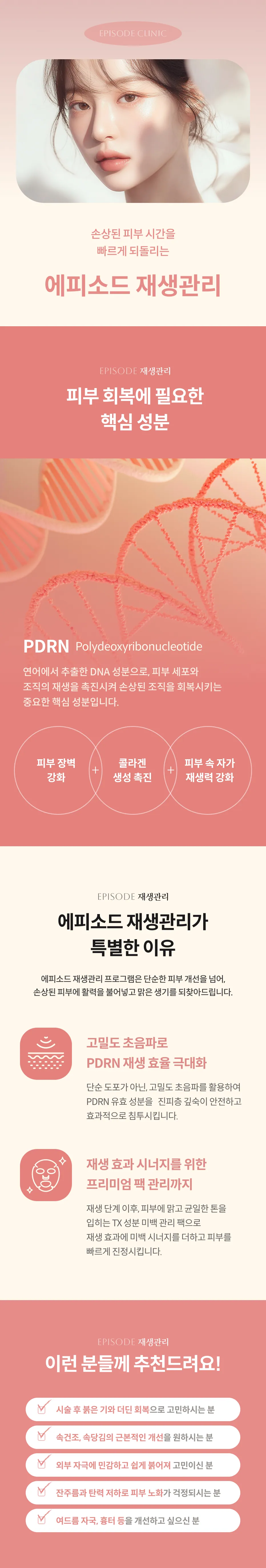 재생관리 상세 안내: 손상된 피부를 위한 재생관리, 핵심 성분 PDRN(연어 추출 DNA), 피부 장벽 강화와 콜라겐 생성 촉진, 고밀도 초음파와 TX 미백 팩 관리, 대상 안내