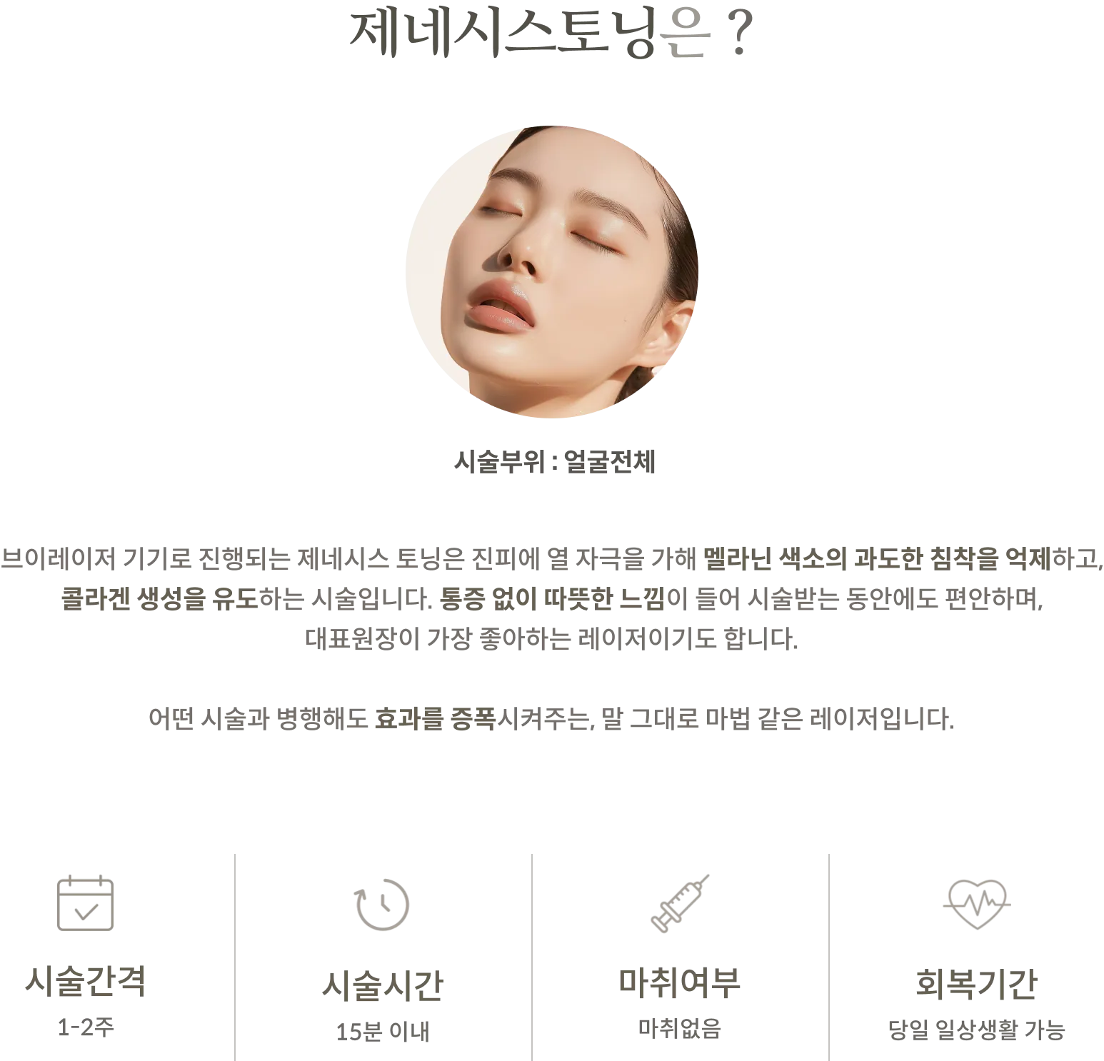 제네시스토닝 시술 정보 패널: 시술부위 얼굴전체, 진피에 열 자극을 주는 브이레이저 기기 설명, 시술간격 1-2주, 시술시간 15분 이내, 마취없음, 회복기간 당일 일상생활 가능